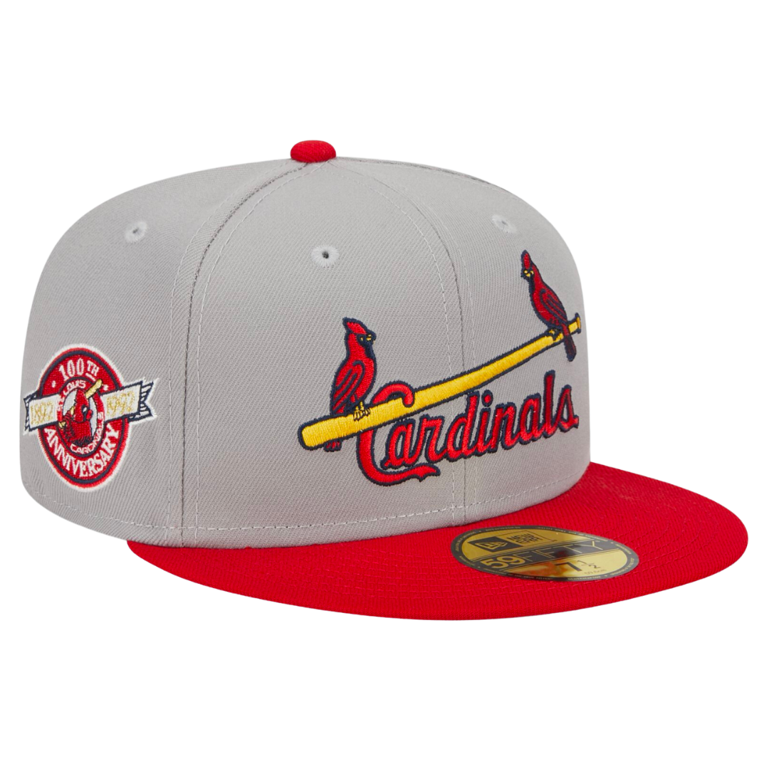 St Louis Cardinals Birds on Bat Retro 100th Anniversary Patch 2Tone New Era Red Grey 59FIFTY Fitted Hat