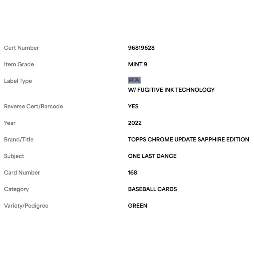 One Last Dance PSA 9 2022 Topps Chrome Update Sapphire Edition Green #d/ 75 Card #168