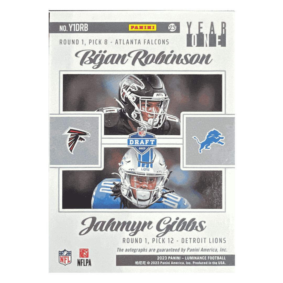 Jahmyr Gibbs & Bijan Robinson 2023 Panini Luminance Year One Dual Autographed Rookie RC Card #Y1DRB