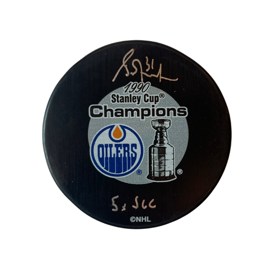 Grant Fuhr Edmonton Oilers Autographed 1990 Oilers Stanley Cup Puck w/ "5x SCC" Inscription - Fan Cave COA