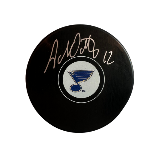Adam Oates St Louis Blues Autographed Logo Puck - Fan Cave COA