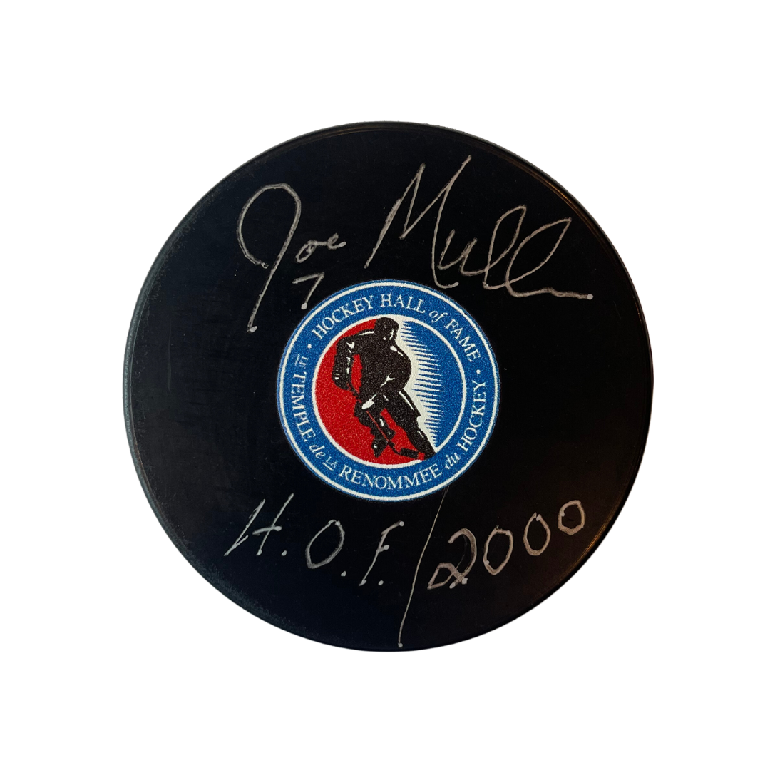 Joe Mullen St Louis Blues Autographed Hockey Hall Of Fame Logo Puck w/ "HOF 2000" Inscription - Fan Cave COA