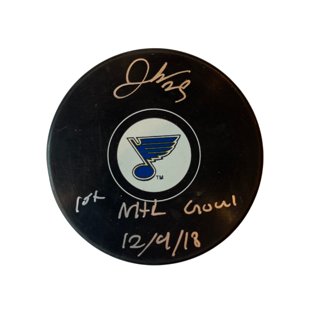 Jordan Kyrou St Louis Blues Autographed Logo Puck with Inscription - JSA COA