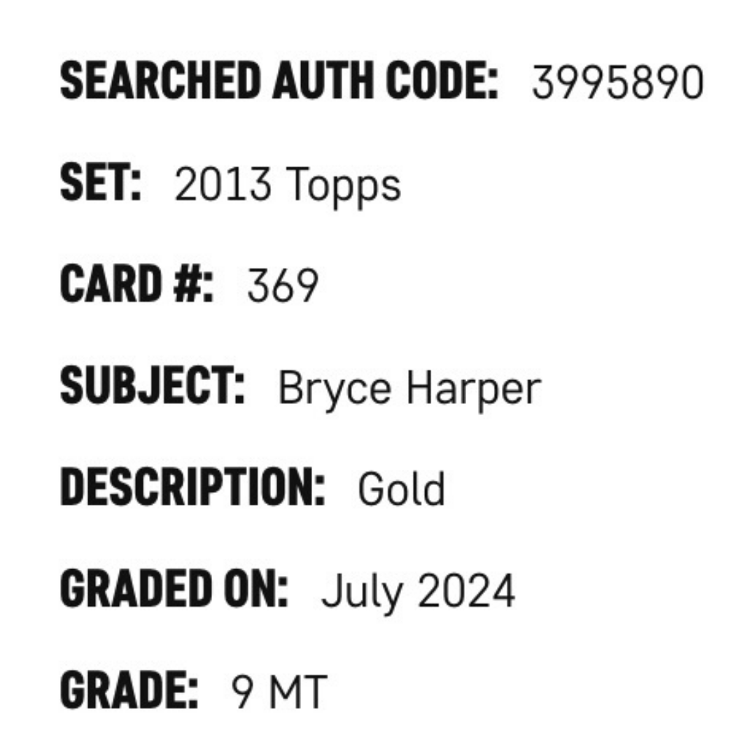 Bryce Harper SGC 9 2013 Topps Gold #d /2013 Card #369