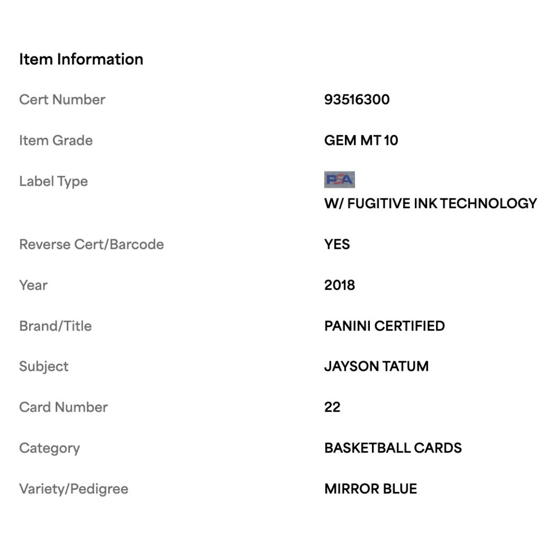 Jayson Tatum PSA 10 2018 Panini Certified Mirror Blue #d/199 Card #22