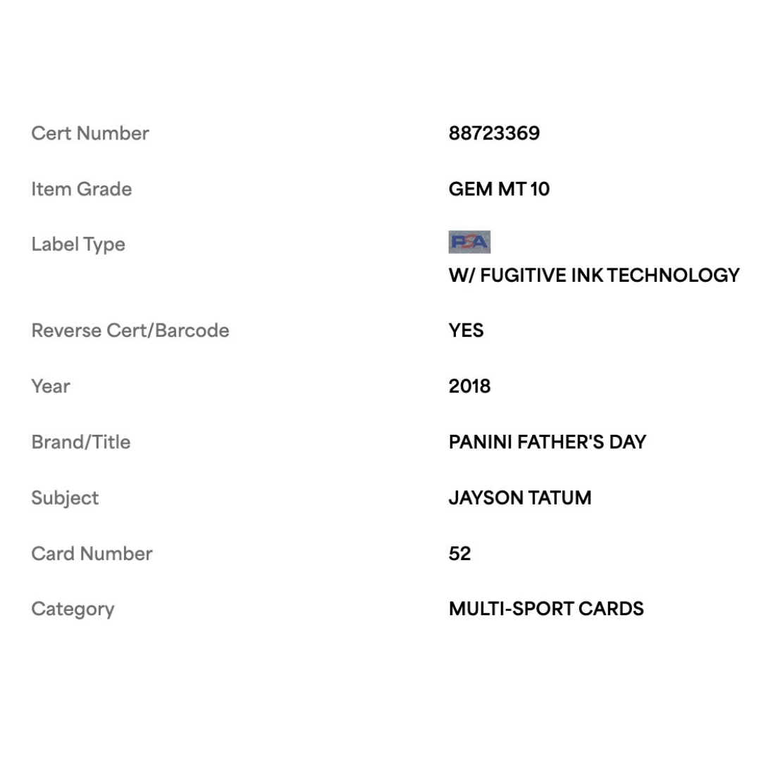 Jayson Tatum PSA 10 2018 Panini Father's Day Card #52