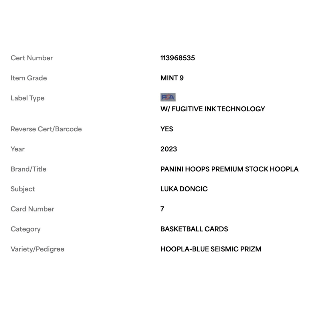 Luka Doncic PSA 9 2023 Panini Hoops Premium Stock Hoopla Blue Seismic Prizm Card #7