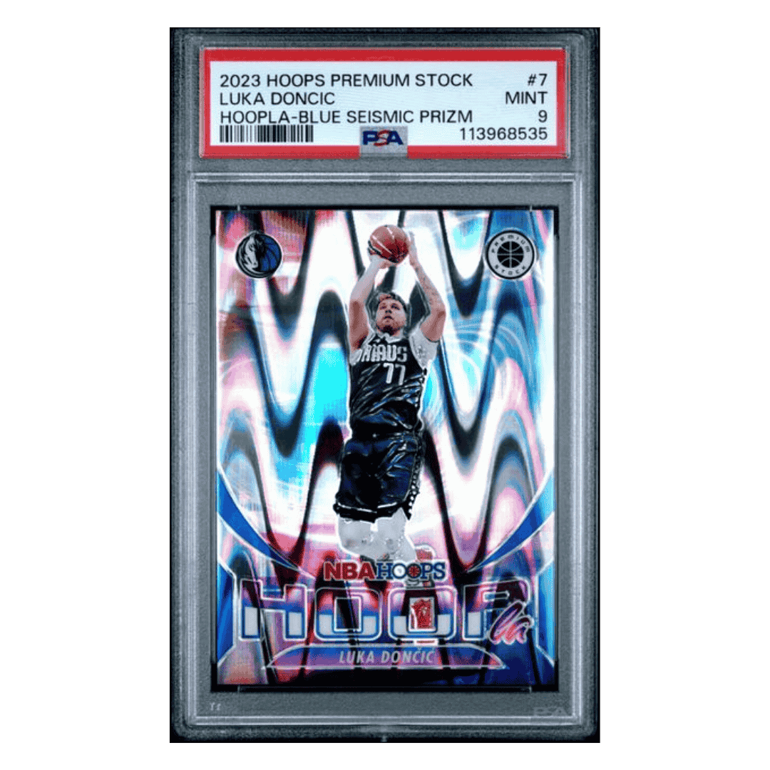 Luka Doncic PSA 9 2023 Panini Hoops Premium Stock Hoopla Blue Seismic Prizm Card #7