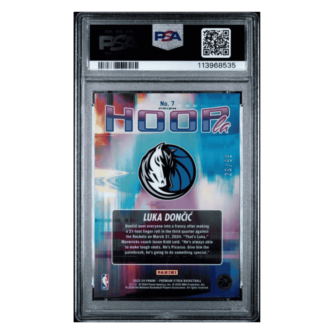 Luka Doncic PSA 9 2023 Panini Hoops Premium Stock Hoopla Blue Seismic Prizm Card #7