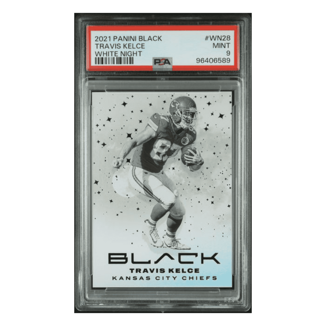 Travis Kelce PSA 9 2021 Panini Black White Night Case Hit Card #WN28