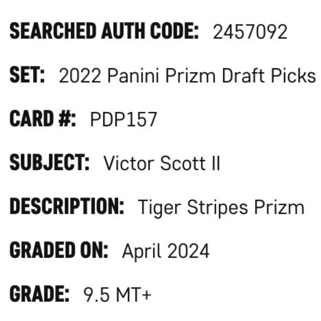 Victor Scott II SGC 9.5 2022 Panini Prizm Draft Picks Tiger Stripes Prizm #d/ 99 Card #PDP157