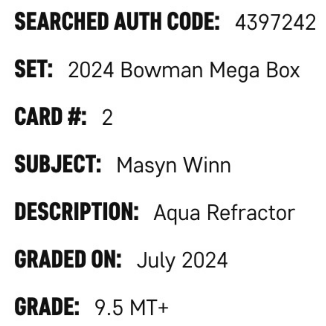 Masyn Winn SGC 9.5 2024 Bowman Mega Box Aqua Refractor Rookie RC #d/ 125 Card #2