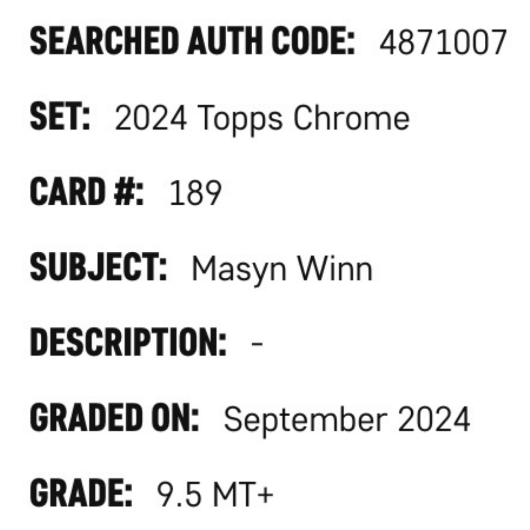 Masyn Winn SGC 9.5 2024 Topps Chrome Rookie RC Card #189
