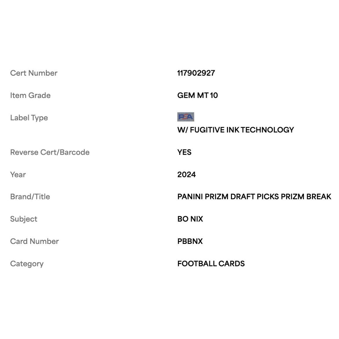 Bo Nix PSA 10 2024 Panini Prizm Draft Picks Prizm Break Rookie RC Card #PBBNX