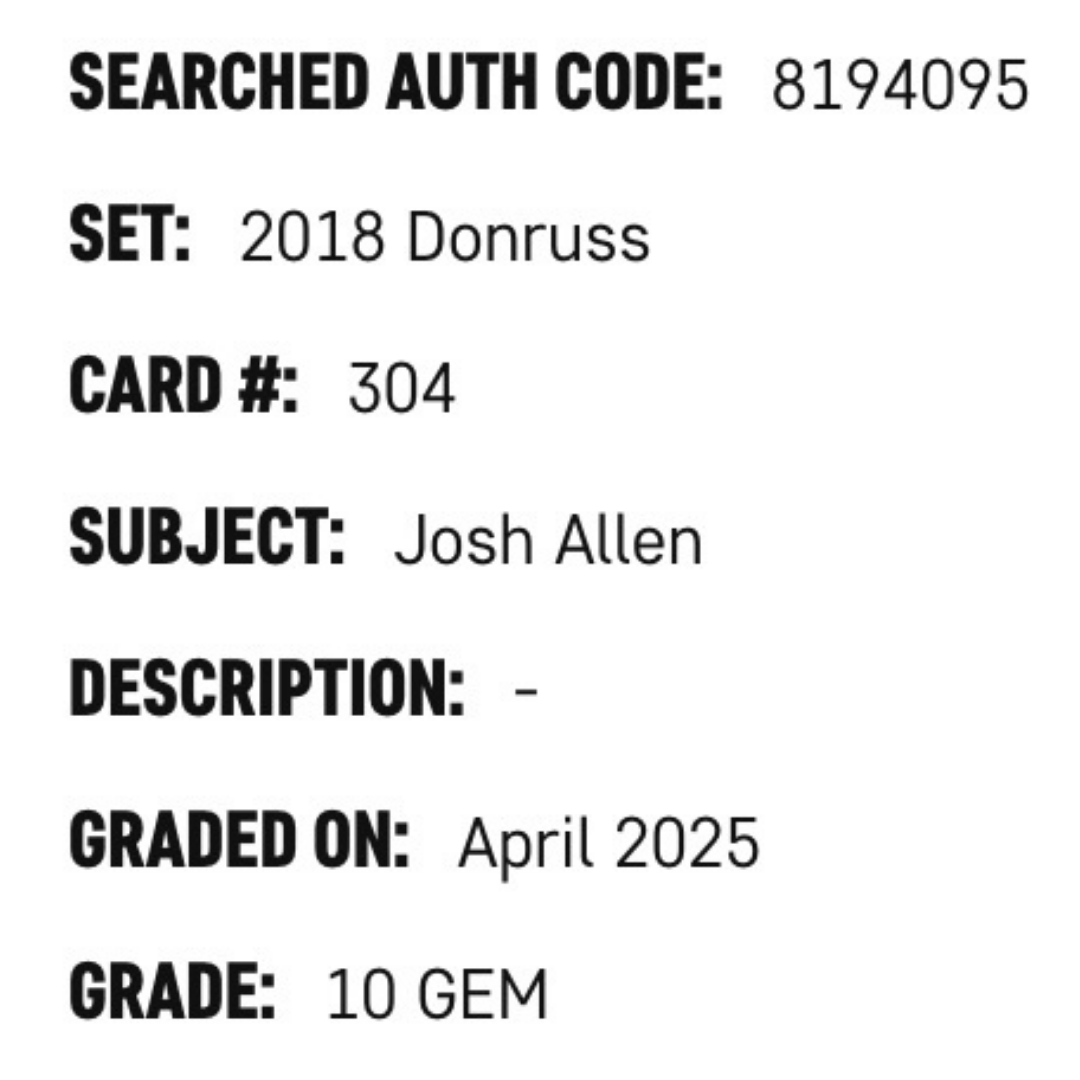 Josh Allen SGC 10 2018 Panini Donruss Rated Rookie Card #304