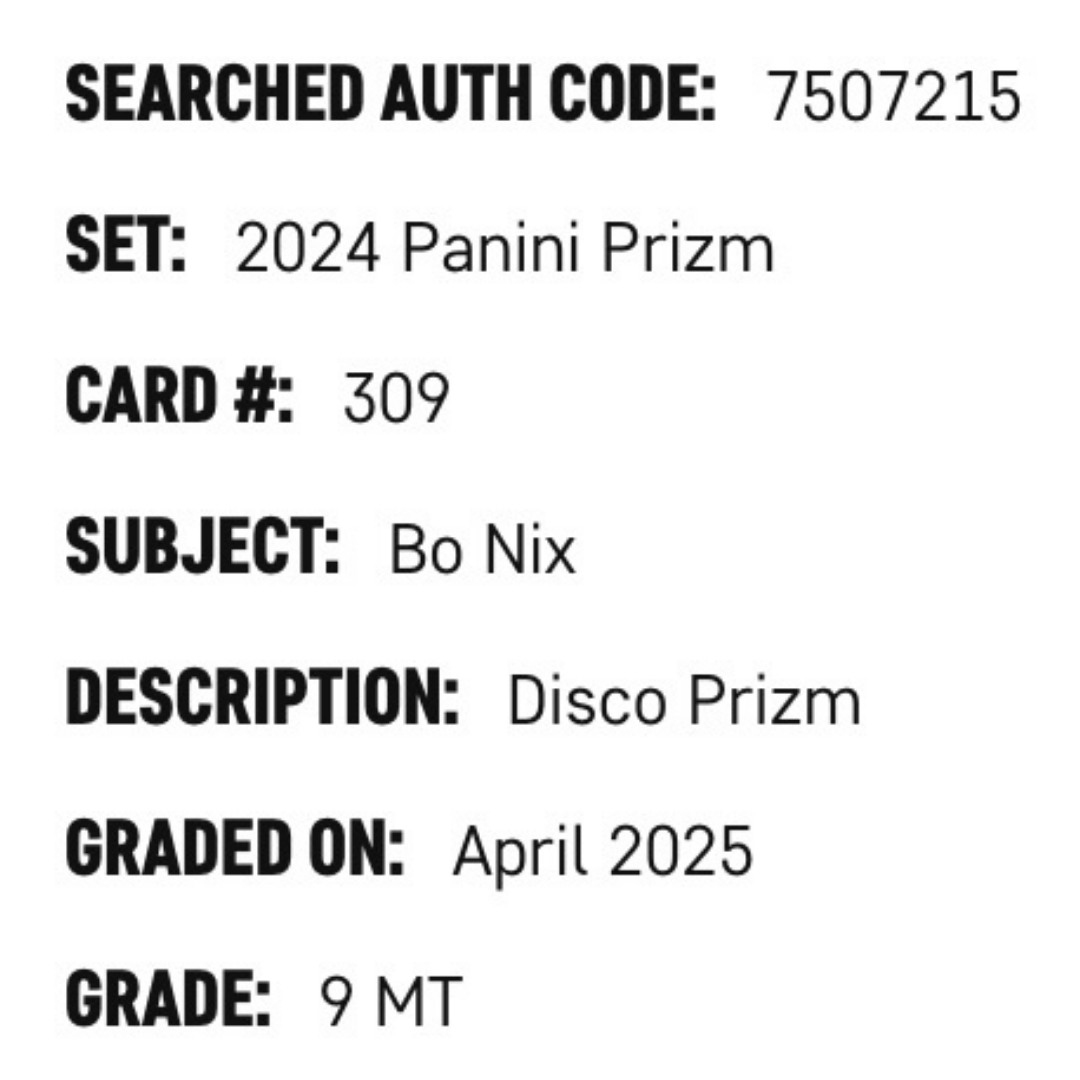 Bo Nix SGC 9 2024 Panini Prizm Disco Rookie RC Card #309
