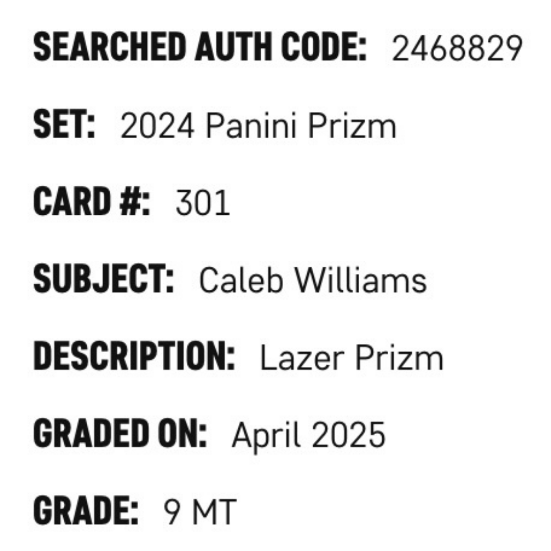 Caleb Williams SGC 9 2024 Panini Prizm Lazer Rookie RC Card #301