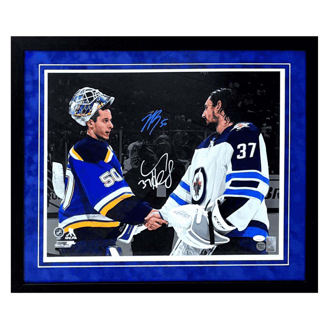 Jordan Binnington Connor Hellebuyck Dual Autographed Framed 16x20 Photo - JSA COA
