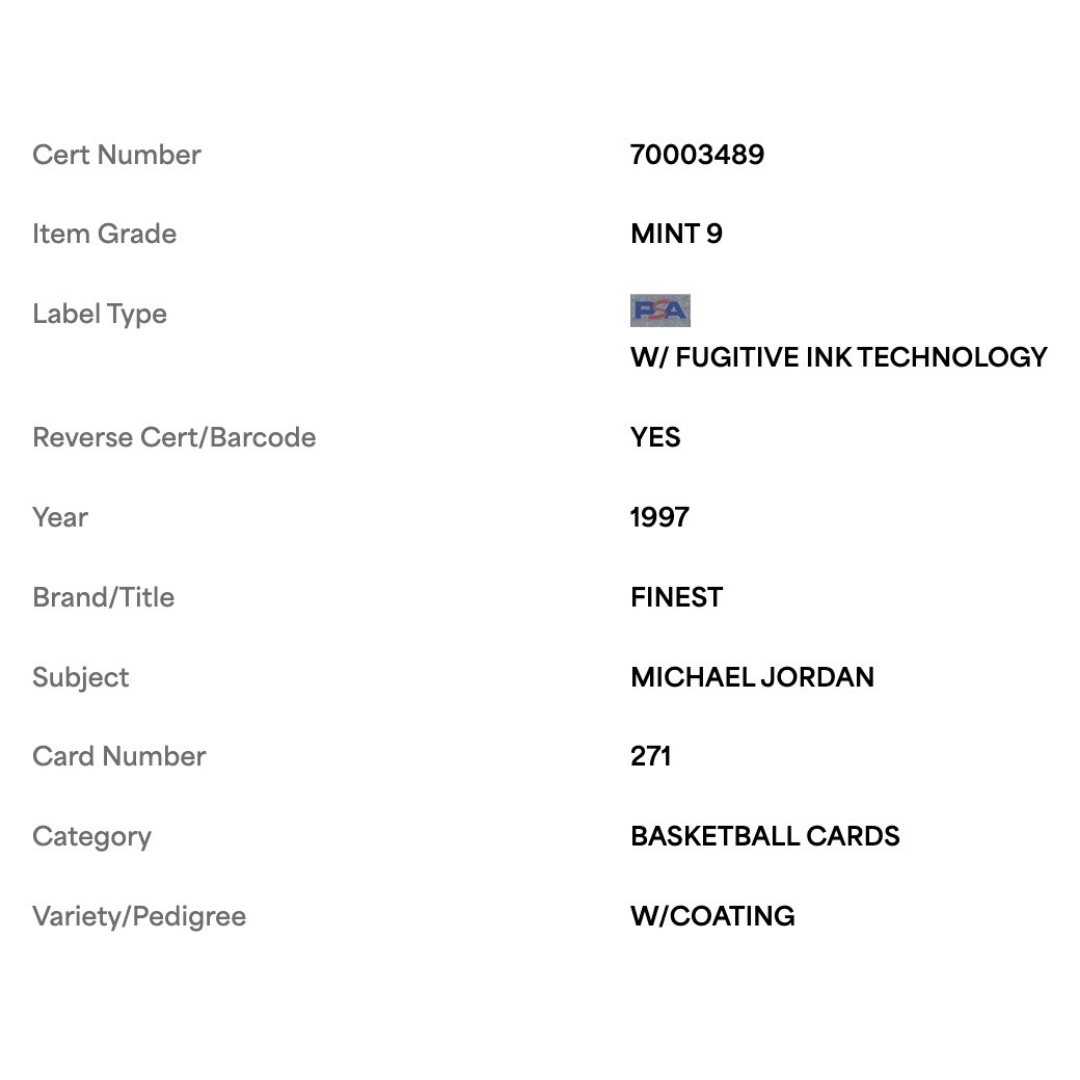 Michael Jordan PSA 9 1997 Topps Finest w/Coating Card #271