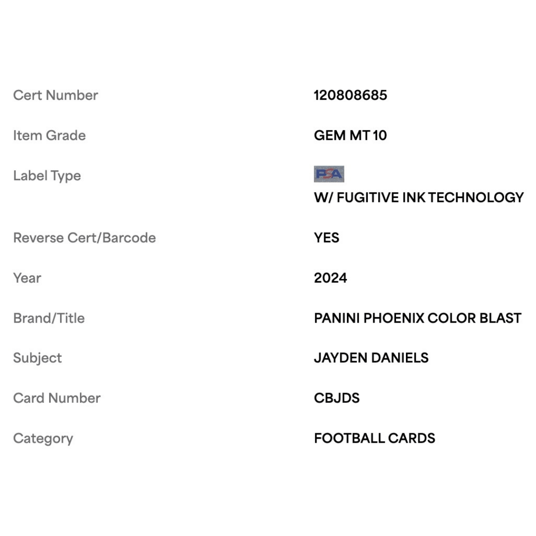 Jayden Daniels PSA 10 2024 Panini Phoenix Color Blast Case Hit Card #CBJDS