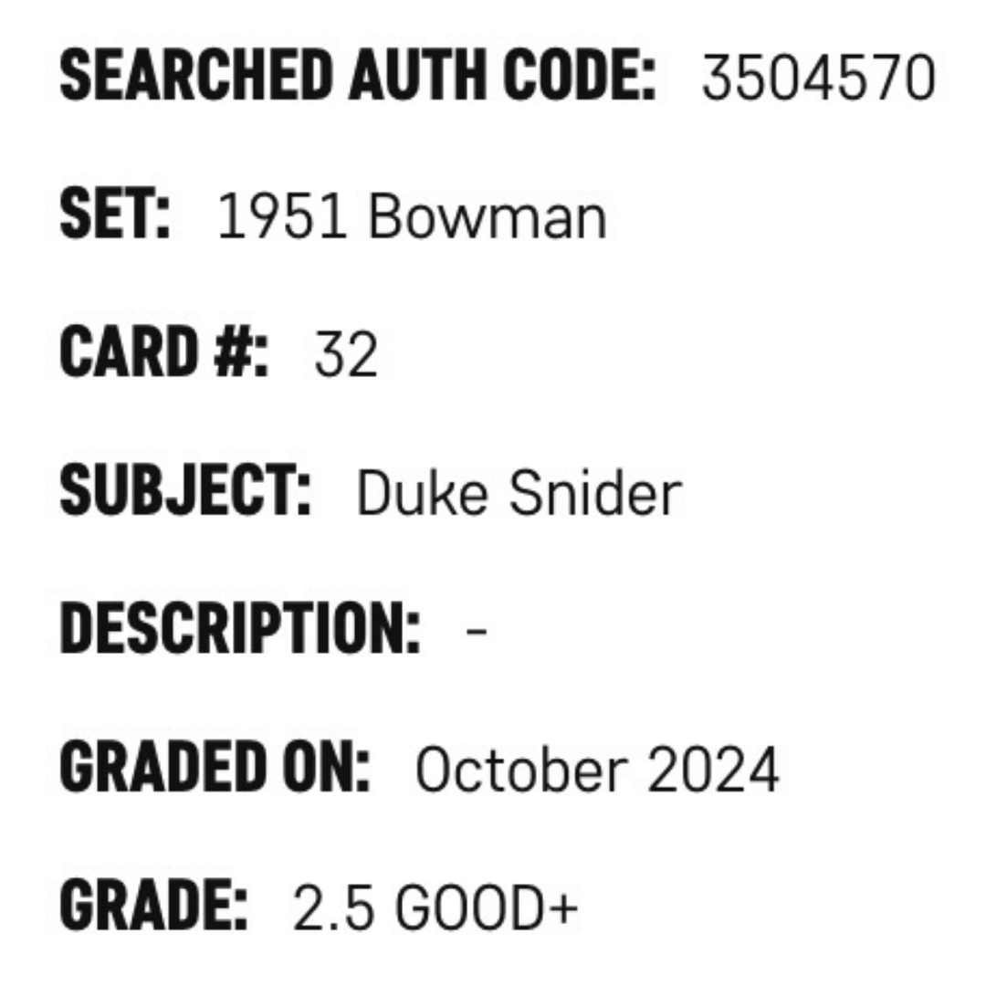 Duke Snider SGC 2.5 1951 Bowman Card #32
