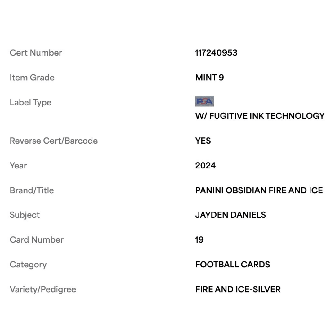 Jayden Daniels PSA 9 2024 Panini Obsidian Fire & Ice Silver #d/ 99 Card #19