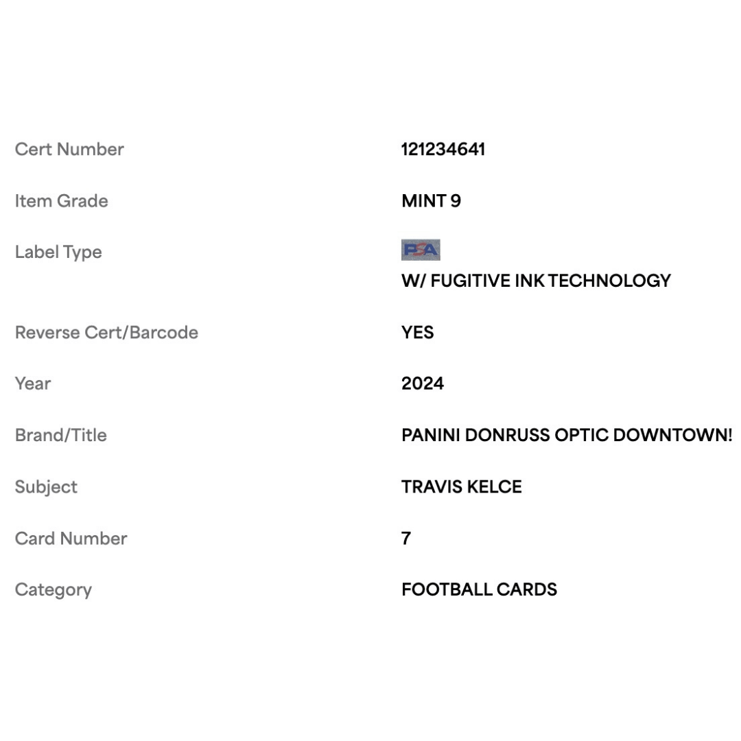 Travis Kelce PSA 9 2024 Panini Donruss Optic Downtown! Card #7