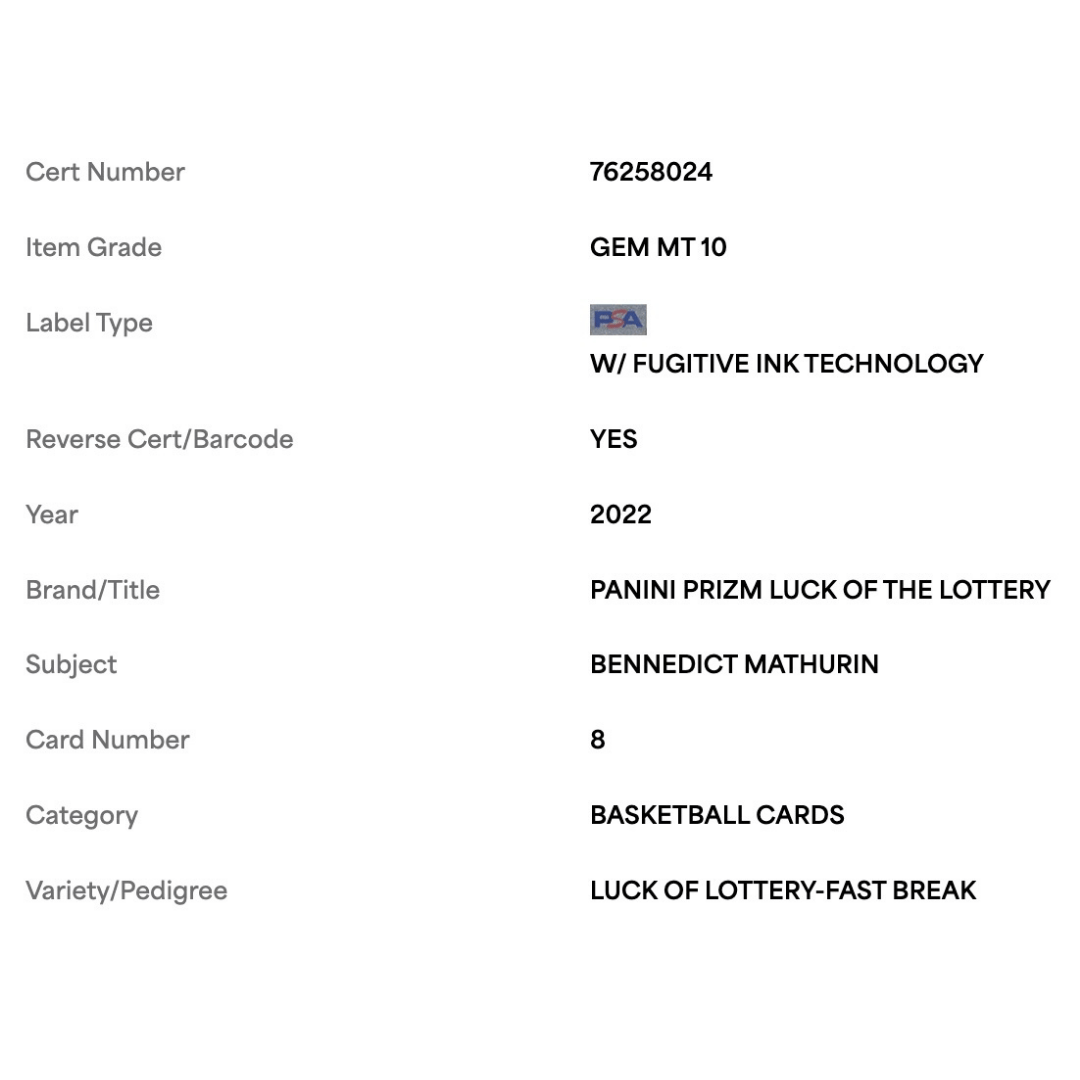 Bennedict Mathurin PSA 10 2022 Panini Prizm Luck of the Lottery - Fast Break Card #8