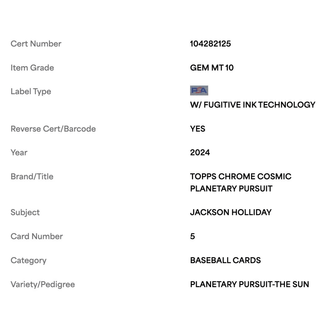 Jackson Holliday PSA 10 2024 Topps Chrome Cosmic Planetary Pursuit - The Sun Rookie RC Card #5