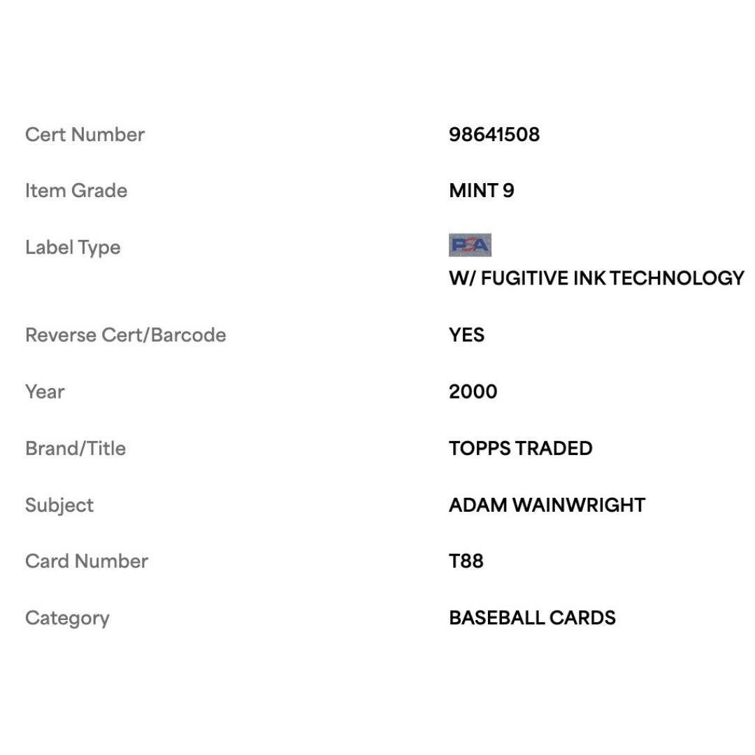 Adam Wainwright PSA 9 2000 Topps Traded Card #T88