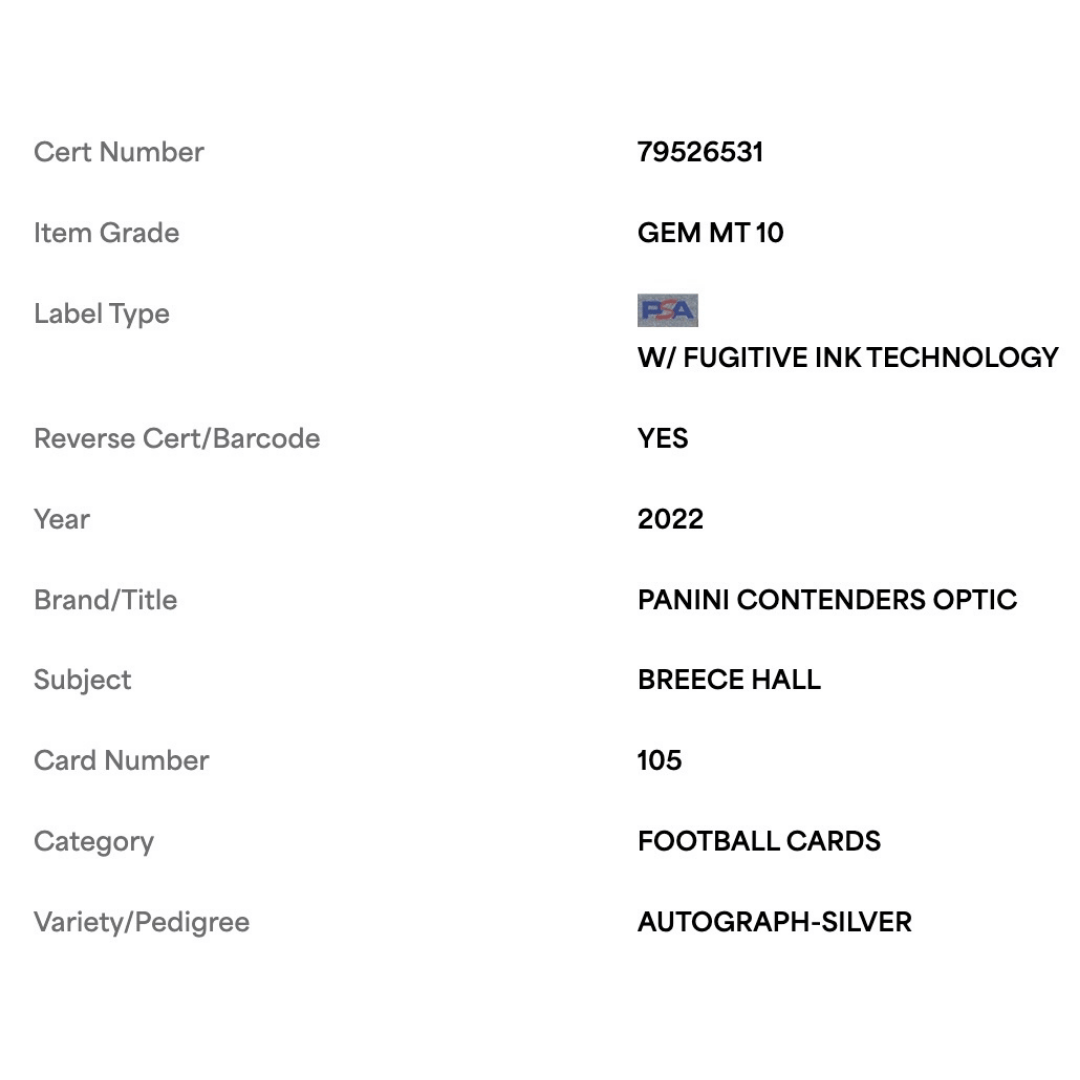 Breece Hall PSA 10 2022 Panini Contenders Optic Autograph Silver Rookie RC Card #105