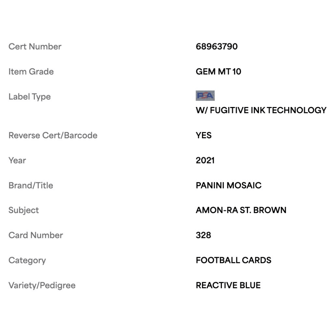 Amon-Ra St Brown PSA 10 2021 Panini Mosaic Reactive Blue Rookie RC Card #328