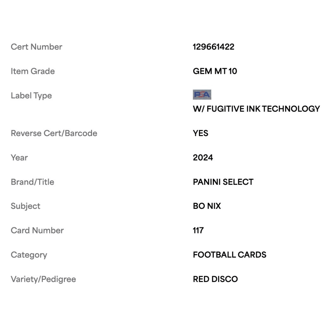 Bo Nix PSA 10 2024 Panini Select Red Disco Rookie RC #d/ 49 Card #117