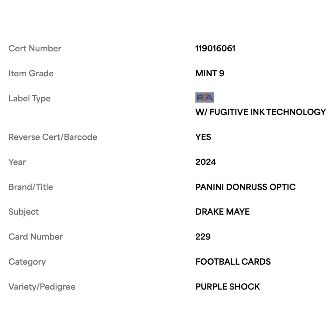 Drake Maye PSA 9 2024 Panini Donruss Optic Purple Shock Card #229