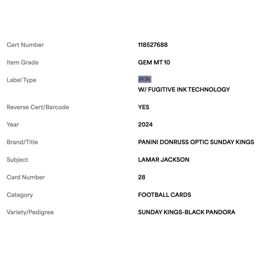 Lamar Jackson PSA 10 2024 Panini Donruss Optic Sunday Kings Black Pandora #d/ 25 Card #28