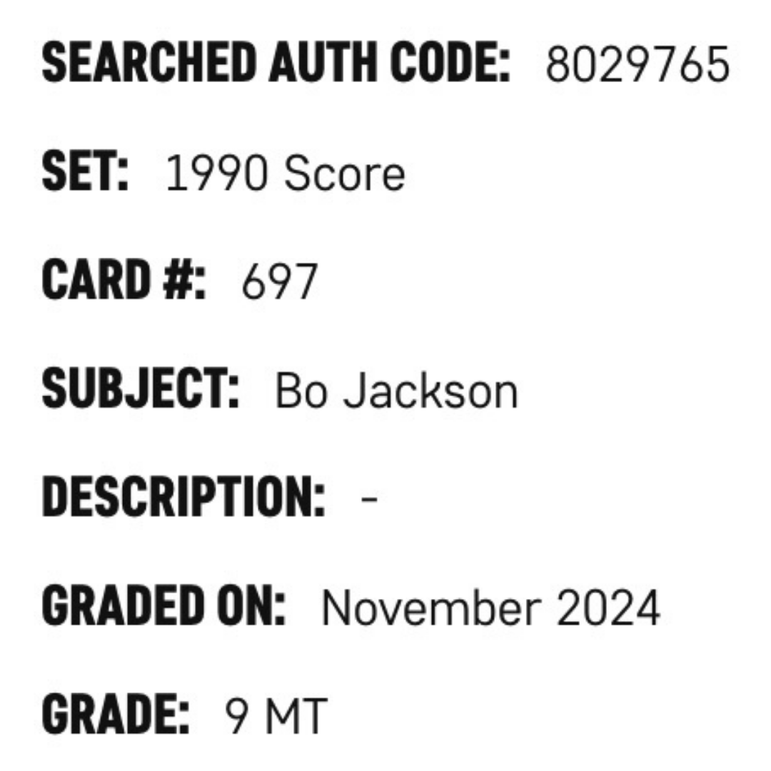 Bo Jackson SGC 9 1990 Score Card #697
