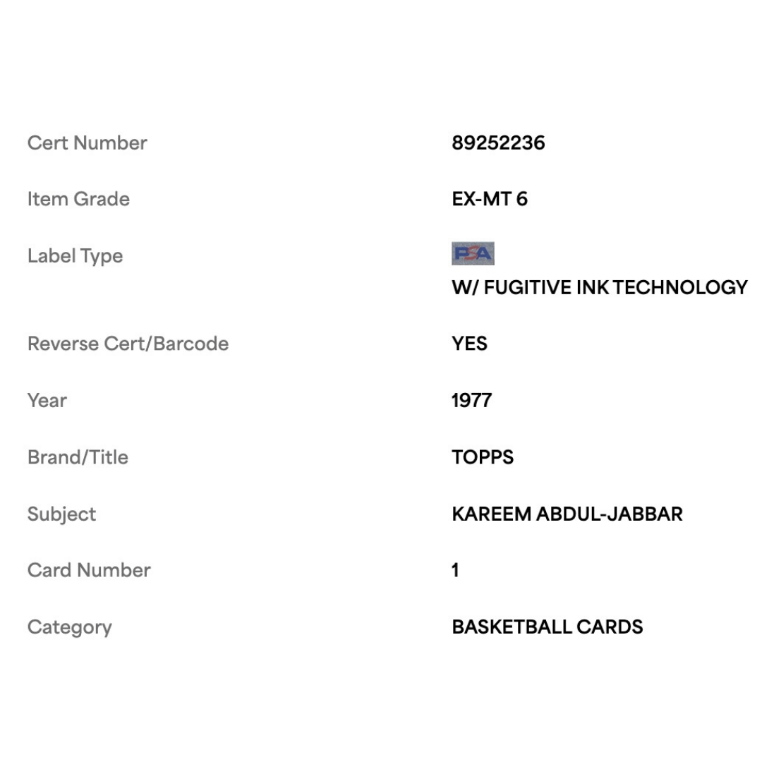 Kareem Abdul-Jabbar PSA 6 1977 Topps Card #1