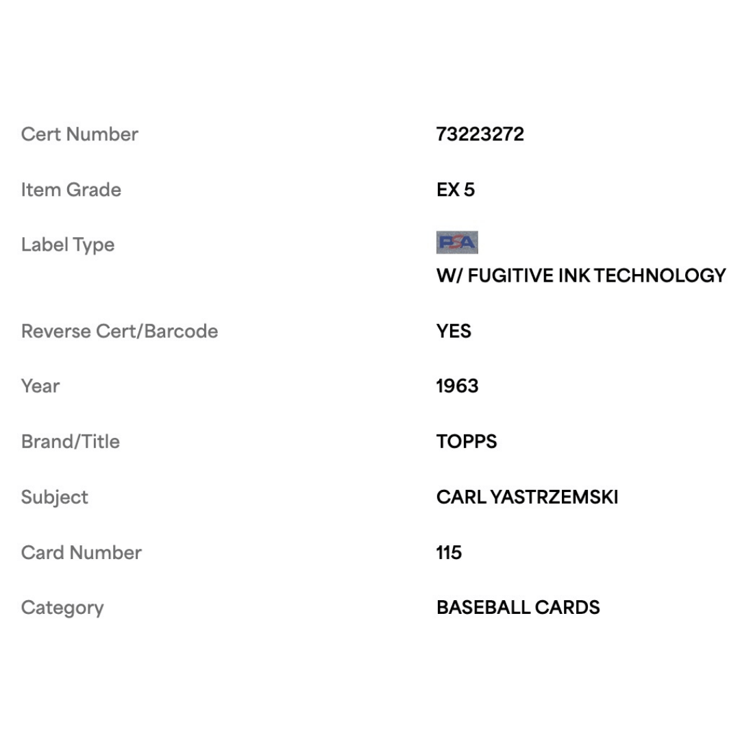 Carl Yastrzemski PSA 5 1963 Topps Card #115