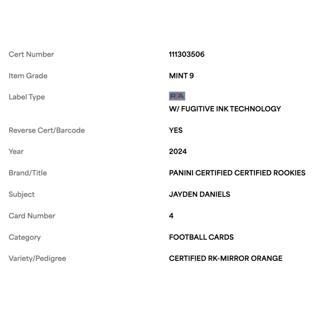 Jayden Daniels PSA 9 2024 Panini Certified Rookies Mirror Orange #d/ 149 Card #4