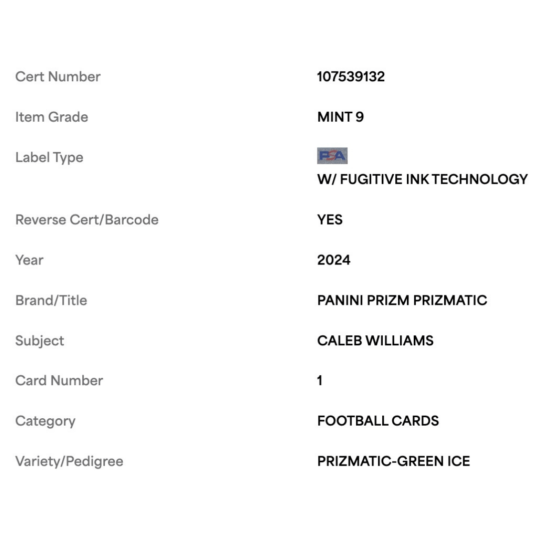 Caleb Williams PSA 9 2024 Panini Prizm Prizmatic Green Ice Rookie RC Card #1