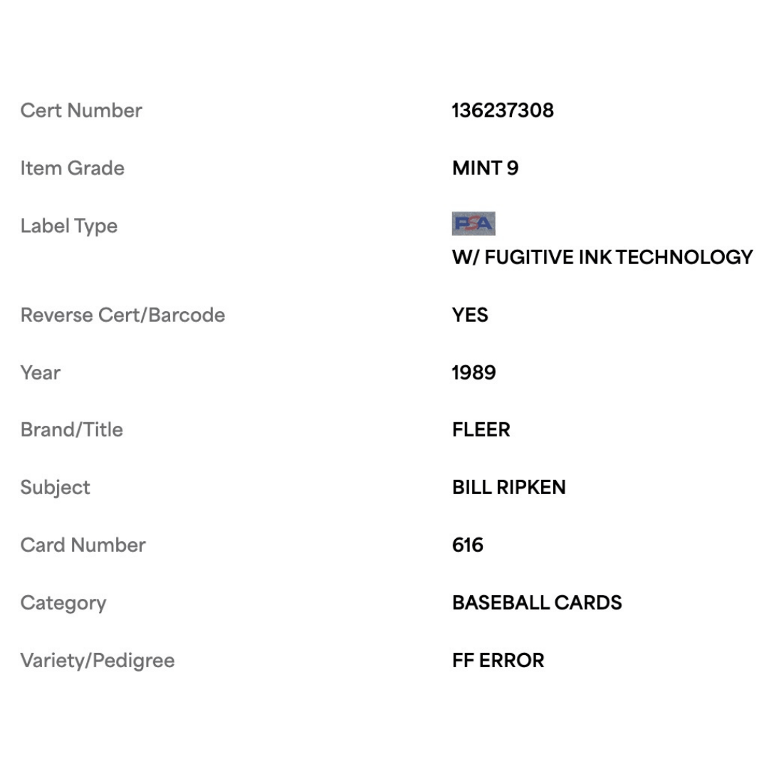 Bill Ripken PSA 9 1989 Fleer FF Error Card #616