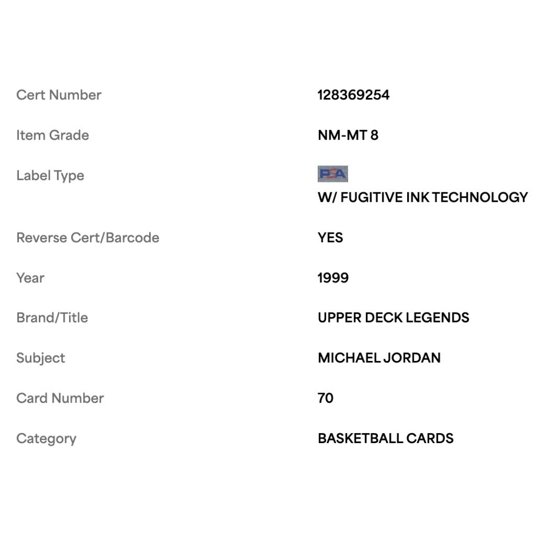Michael Jordan PSA 8 1999 Upper Deck Legends Card #70