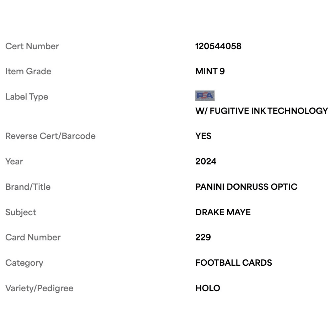 Drake Maye PSA 9 2024 Panini Donruss Optic Holo Rated Rookie Card #229
