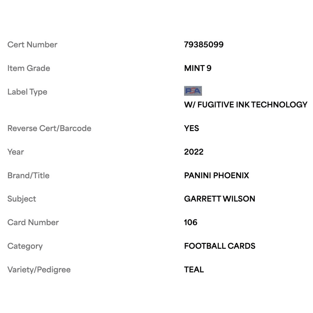 Garrett Wilson PSA 9 2022 Panini Phoenix Teal Rookie RC #d/ 150 Card #106