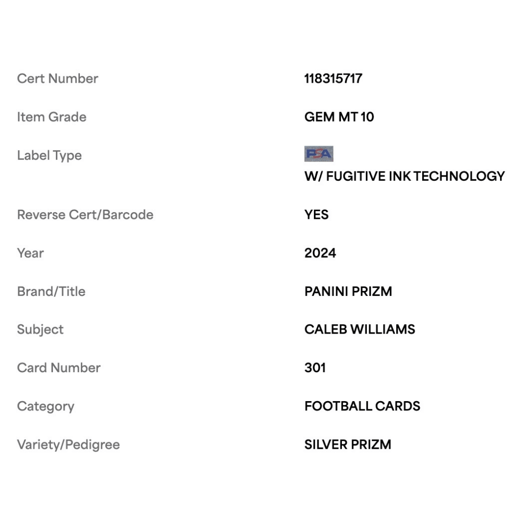 Caleb Williams PSA 10 2024 Panini Prizm Silver Prizm Rookie RC Card #301