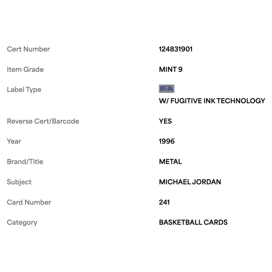 Michael Jordan PSA 9 1996 Fleer Metal Card #241