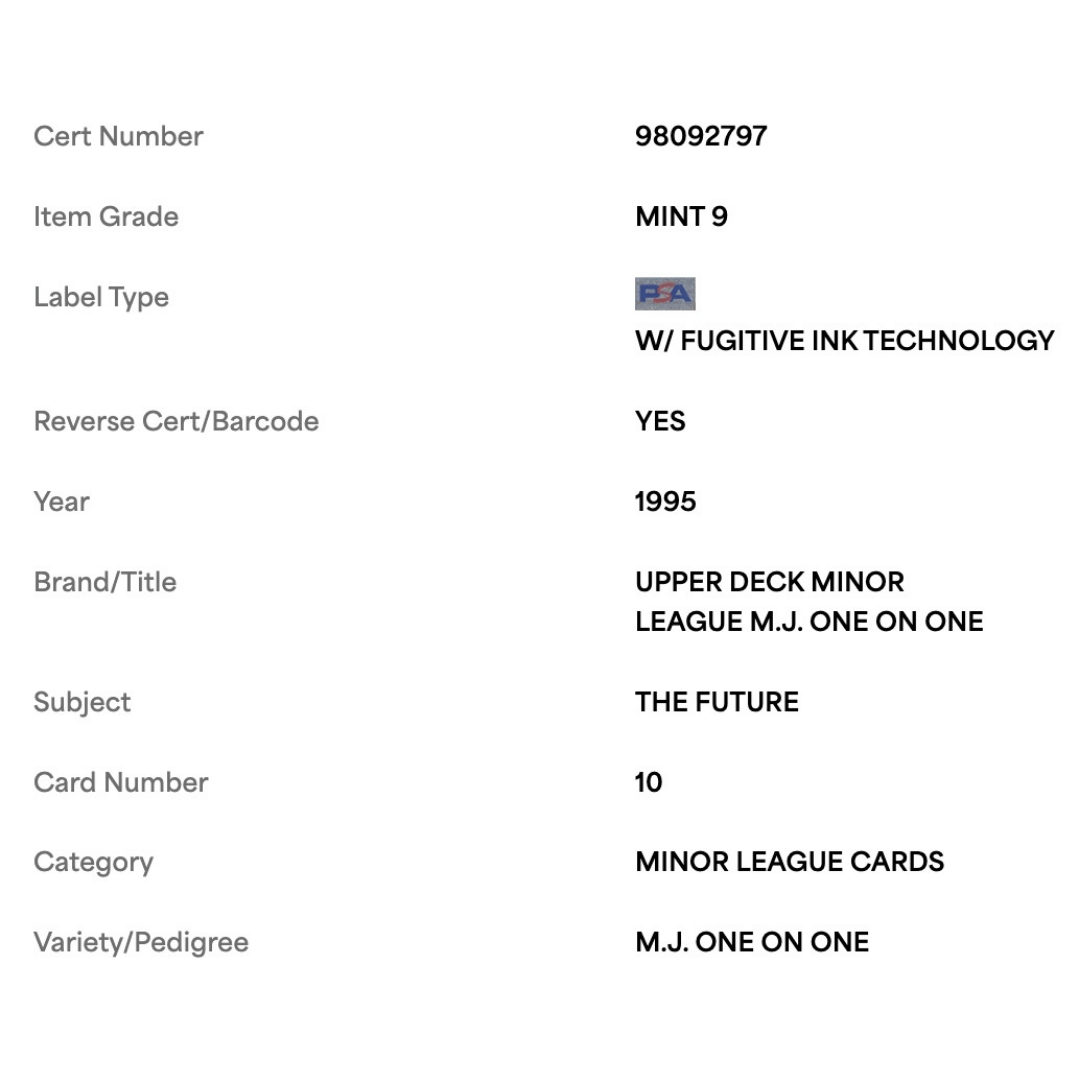 Michael Jordan PSA 9 1995 Upper Deck Minor League MJ One on One Card #10