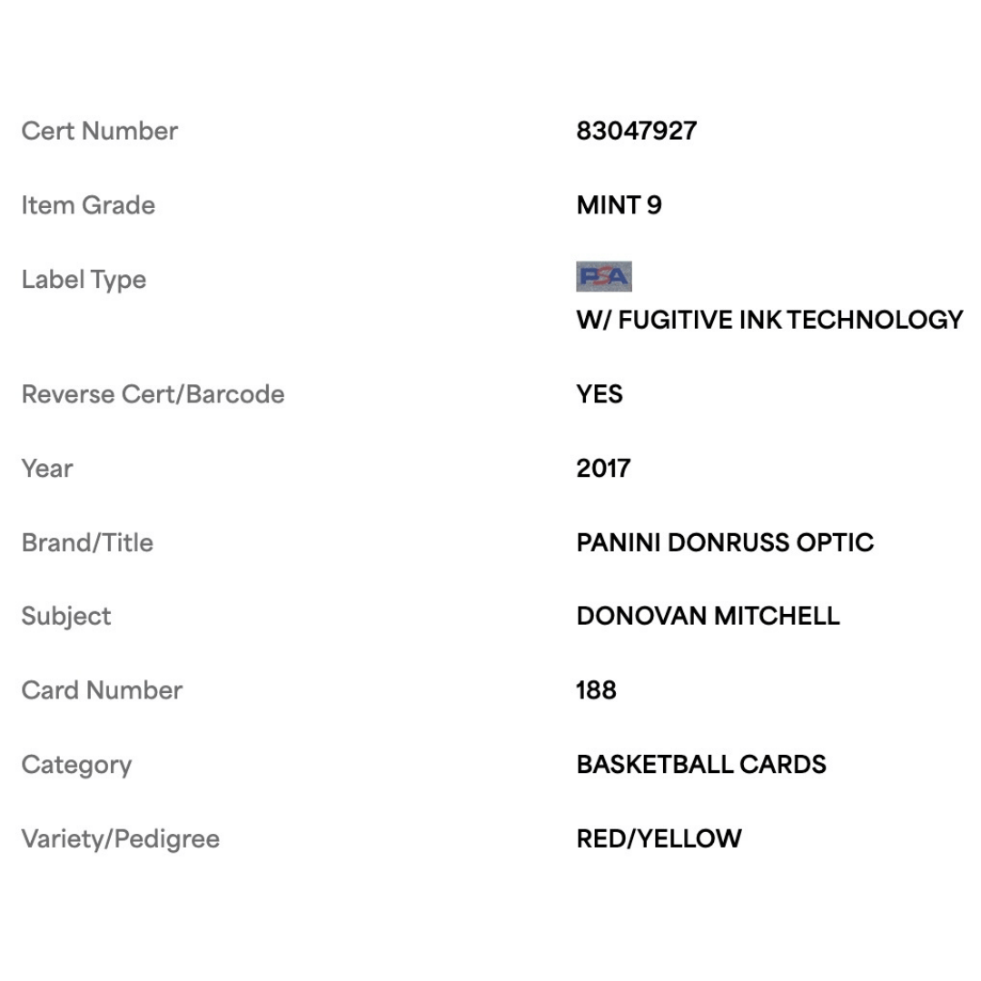 Donovan Mitchell PSA 9 2017 Panini Donruss Optic Red/ Yellow Rated Rookie Card #188