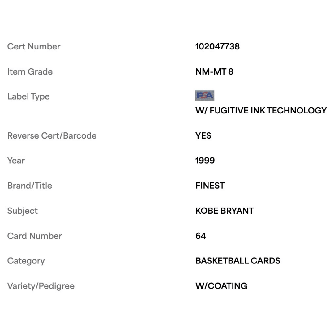 Kobe Bryant PSA 8 1999 Topps Finest w/Coating Card #64