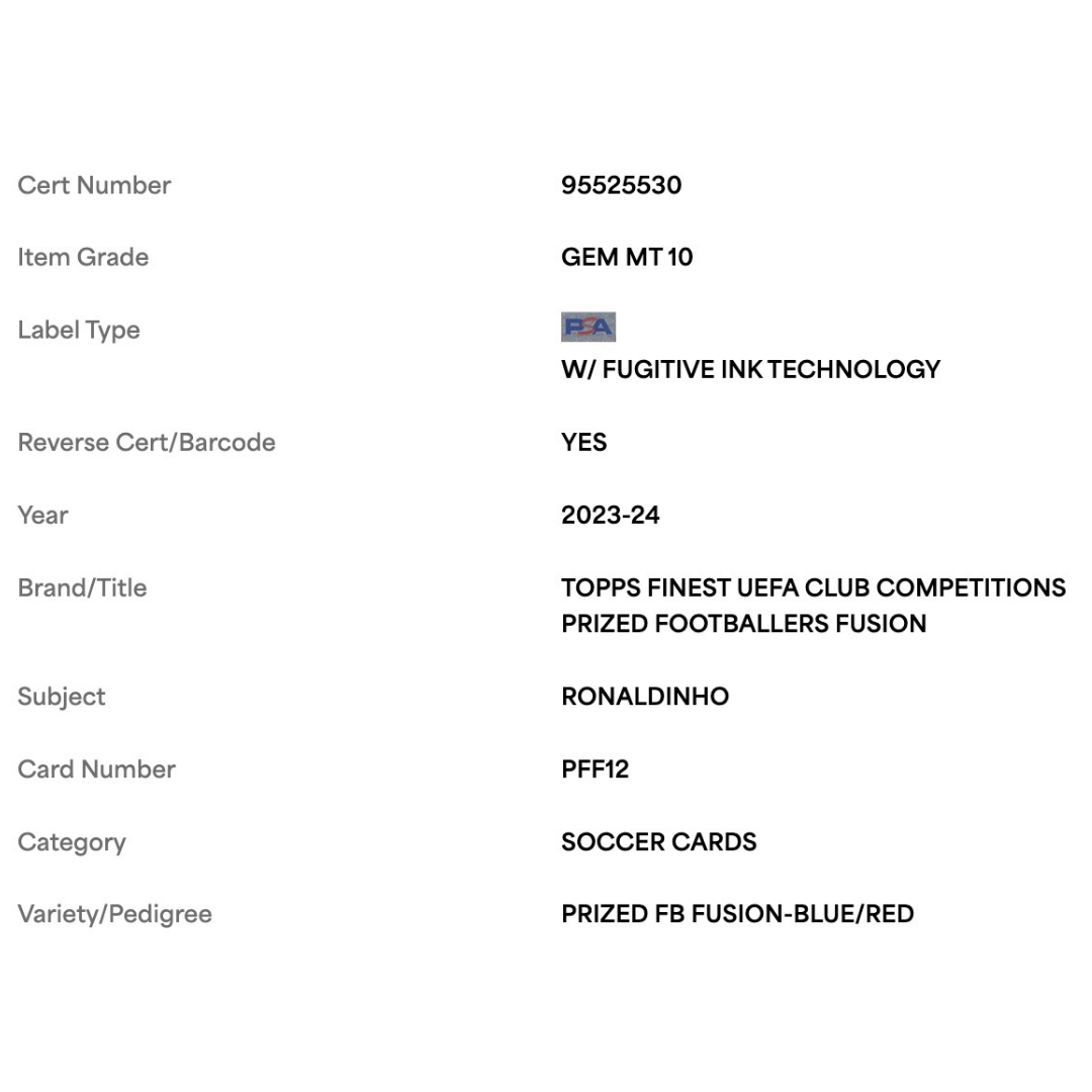 Ronaldoinho PSA 10 2023-24 Topps Finest UEFA Club Competitions Prized Footballers Fusion Blue/ Red #d/ 50 Card #PFF12